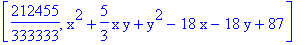 [212455/333333, x^2+5/3*x*y+y^2-18*x-18*y+87]